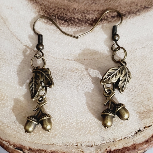 Acorn earrings leafs bronze handmade NEW fall autumn Thanksgiving gift vtg style - Picture 12 of 14